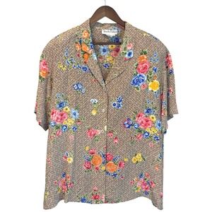 VINTAGE Diane Von Furstenberg 100% Silk Brown Floral Short Sleeve Blouse Size 2X